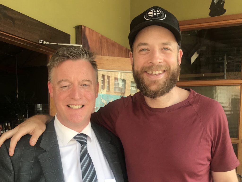 Matthew Myers, the Celebrity Whisperer, with Hamish Blake, host of Lego Masters