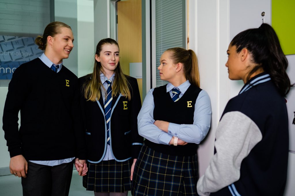 Georgie Stone in a scene from Erinsborough High, with Lachlan Millar (Richie), Jemma Donovan (Harlow) and far right, Olivia Junkeer (Yashvi) Matthew Myers Celebrity Whisperer