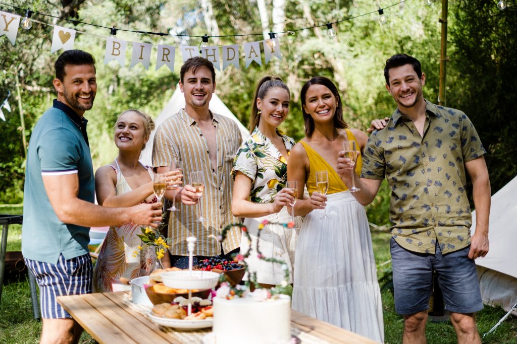 Neighbours cast members from left, Tim Robards (Pierce Greyson), Zima Anderson (Roxy Willis), Chris Milligan (Kyle Canning), April Rose Pengilly (Chloe Brennan), Jodi Anasta (Elly Conway) and Rob Mills (Finn Kelly) Matt Myers Celebrity Whisperer