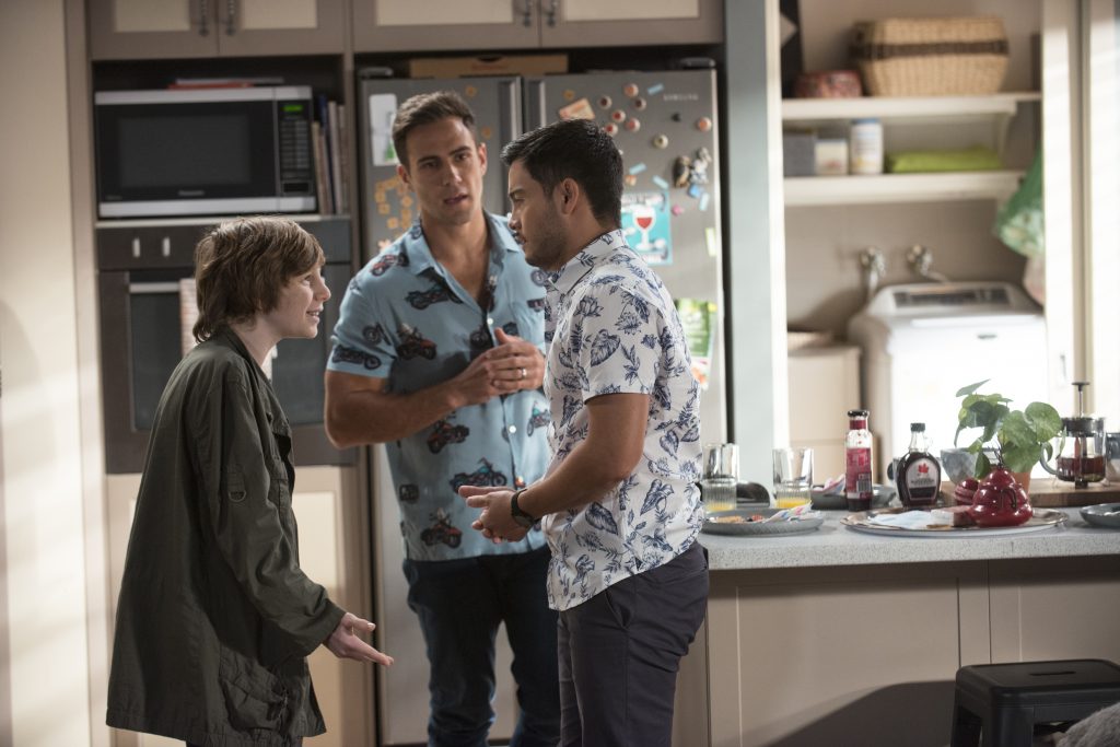 Matt Wilson, Takaya Honda and Ezra Justin in a scene from Neighbours. Matt Myers. Celebrity Whisperer.