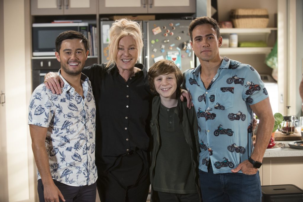 Deborra-lee Furness with Neighbours stars Takaya Honda, Ezra Justin and Matt Wilson. Celebrity Whisperer. Matt Myers.