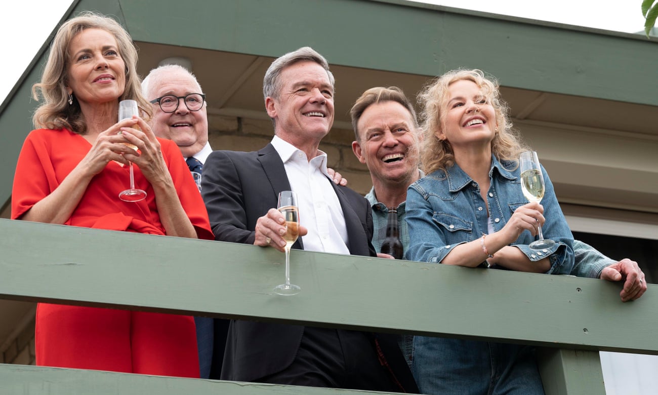 Original cast members Annie Jones (Jane Harris), Ian Smith (Harold Bishop), Stefan Dennis (Paul Robinson), Jason Donovan (Scott Robinson) and Kylie Minogue (Charlene Ramsay) gather together for the Neighbours finale. Photo: Fremantle Media Matt Myers Celebrity Whisperer