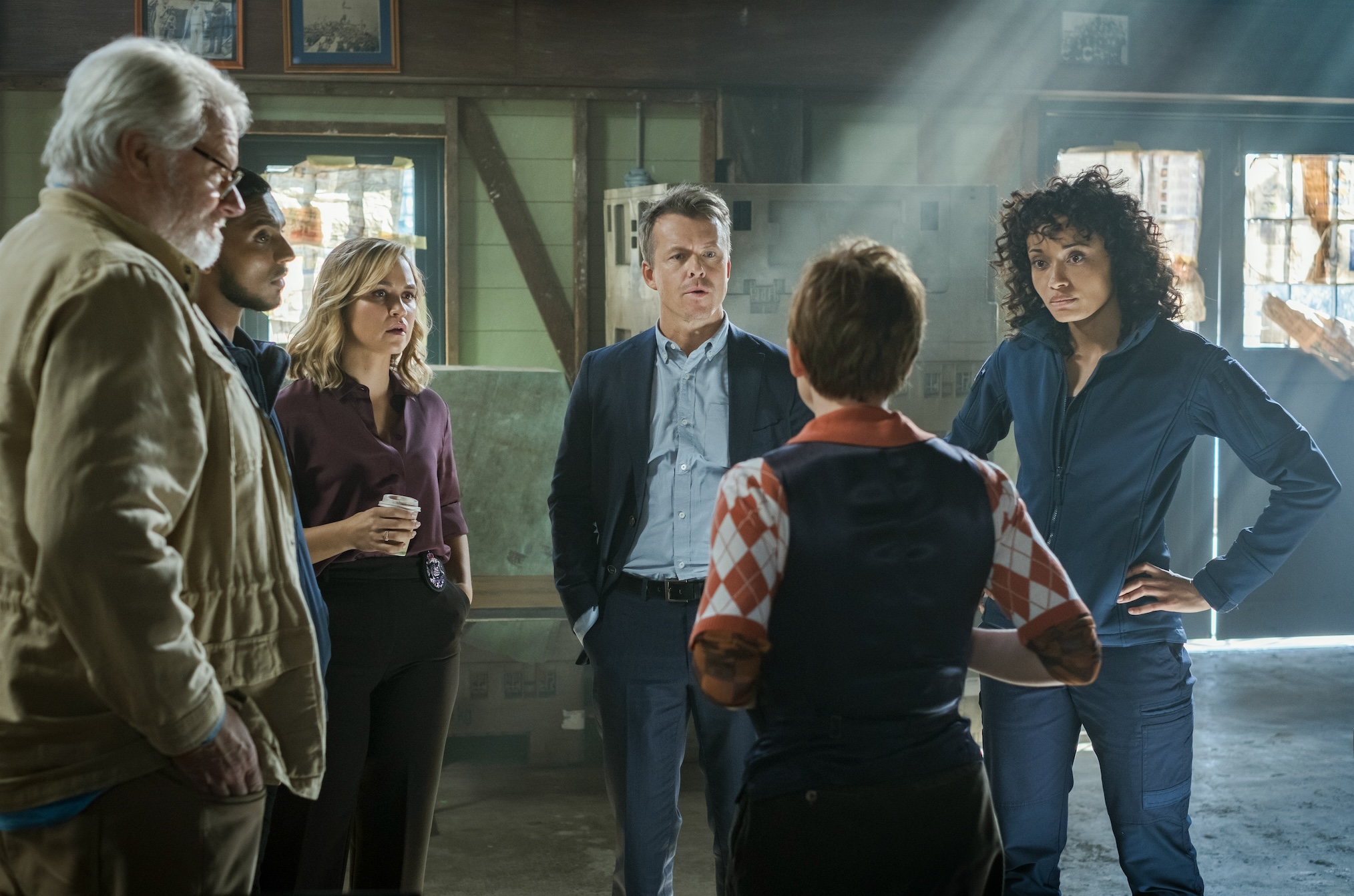 L-R: William McInnes as Forensic Pathologist Dr. Roy Penrose, Sean Sagar as Special Agent DeShawn Jackson, Tuuli Narkle as AFP Liaison Officer Constable Evie Cooper, Todd Lasance as AFP Liaison Officer Sergeant Jim  'JD' Dempsey, Olivia Swann as NCIS Special Agent Captain Michelle Mackey and Mavournee Hazel as Forensic Pathologist “Bluebird 'Blue' Gleeson PHOTO CREDIT: Daniel Asher Smith