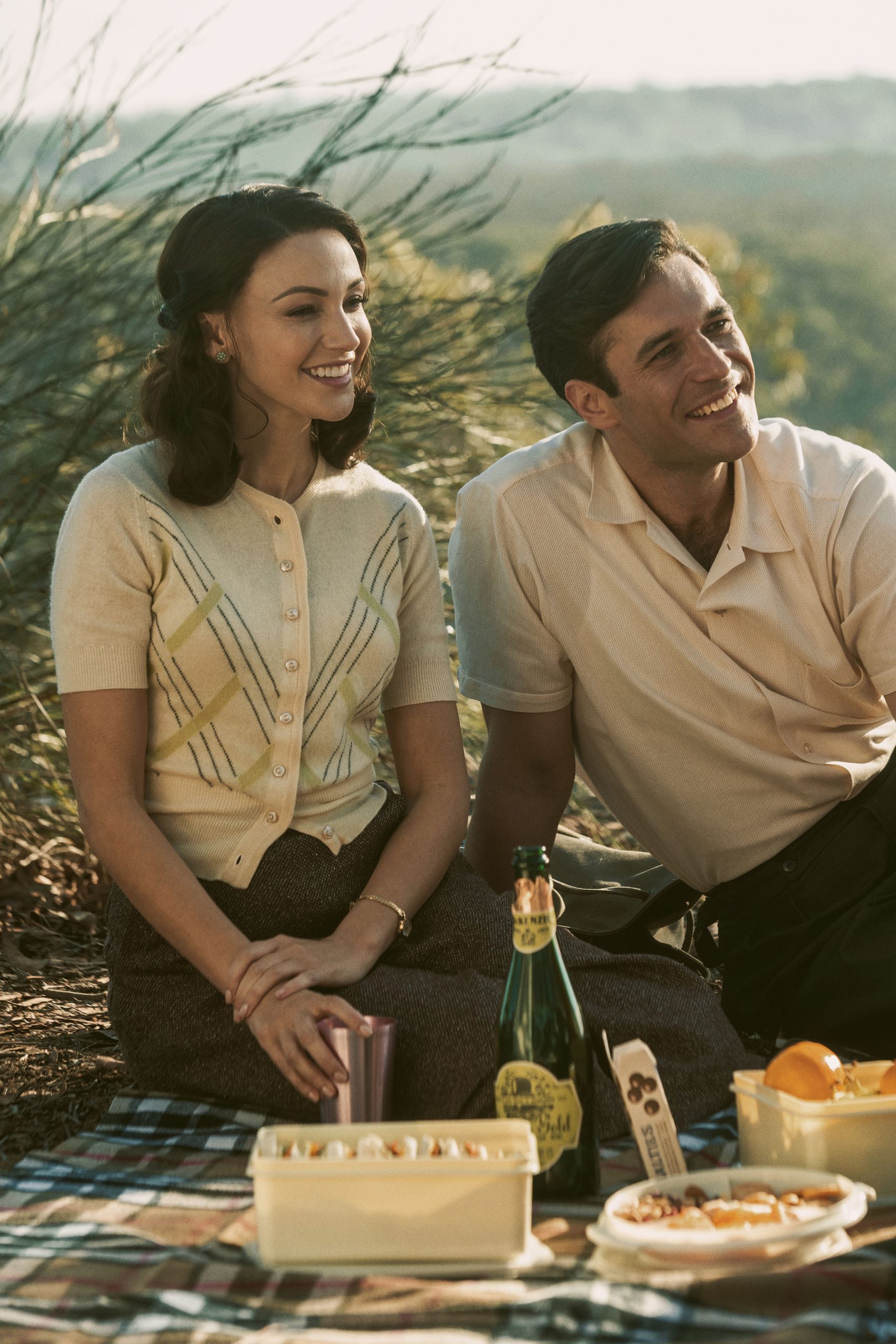 Nic English (Robbie) with Michelle Keegan in Ten Pound Poms Photo credit: Lisa Tomasetti
